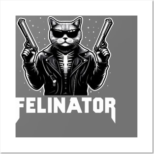 Felinator, cat terminator funny graphic t-shirt for sci-fi cyborg fans, cat lovers and gun enthusiasts. Posters and Art